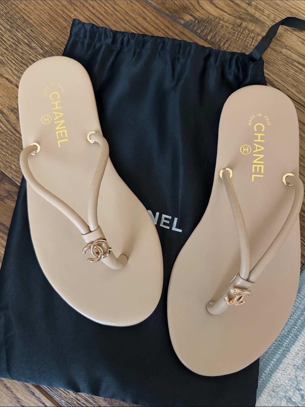 Chanel Beige CC Logo Thong Sandals with Gold Hardware